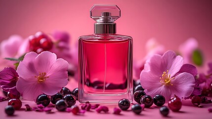 Pink Perfume Bottle with Flowers and Berries
