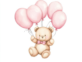 A teddy bear is holding a bunch of pink balloons. Watercolor style. 