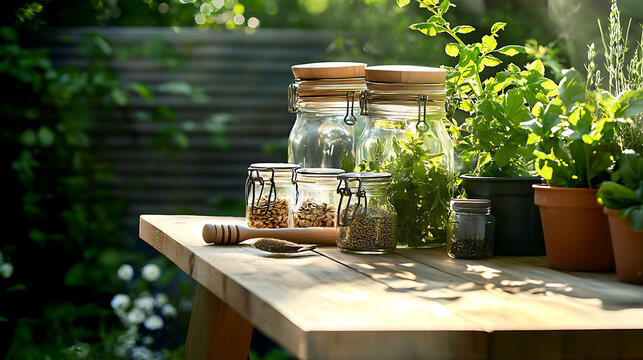 Fresh herbs and seeds in jars on wooden garden table, surrounded by greenery. peaceful scene for gardening enthusiasts