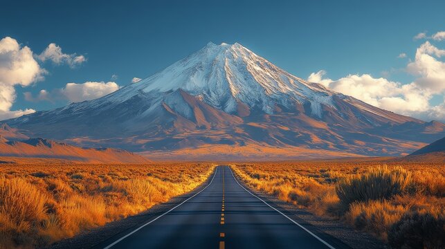Scenic road leading to a majestic snow-capped mountain peak under a vibrant sunset sky.