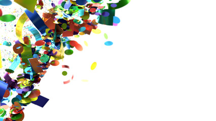 A vibrant explosion of confetti with various shapes and colors, isolated on a white background, perfect for celebration, party, or festive designs.