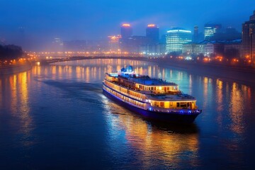 Fototapeta premium River cruise on the background of a night metropolis. Lights are reflected in the water.