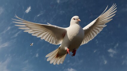 Fototapeta premium A graceful white dove in mid-flight, wings spread wide against a tranquil blue sky, symbolizing peace and harmony.