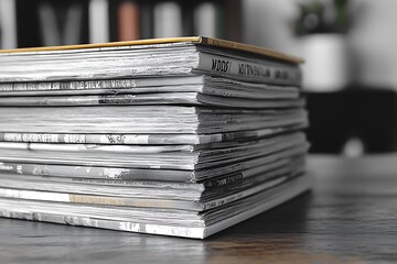 A tall stack of vintage magazines rests on a wooden table, creating a sense of nostalgia and knowledge.
