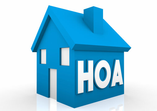 HOA Homeowners Association Blue House Words Fines Dues Member 3d Illustration