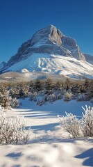 Snow-capped mountain under clear blue sky with golden grass in foreground near a lush forest