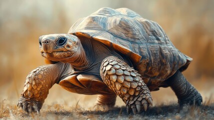Obraz premium Close-up of a large tortoise walking on dry ground.