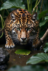 Obraz premium Leopard stalking prey in dense jungle