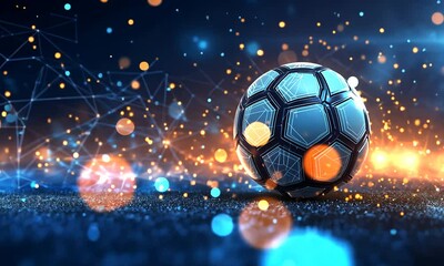 Futuristic soccer ball on illuminated field with glowing network. - Powered by Adobe