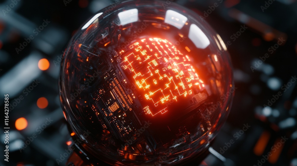 Poster a glowing sphere displays complex circuitry patterns in vibrant orange light, set against a dark, hi
