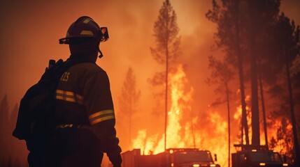 Naklejka premium A firefighter stands resolute as intense flames engulf trees in a forest, casting an orange glow against the darkening sky. Fire trucks are nearby, ready to aid