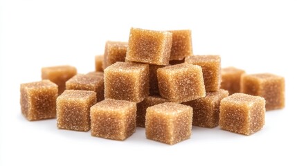 Piles of brown sugar cubes arranged neatly against a white backdrop, showcasing their rich color and texture, ideal for culinary use and decoration