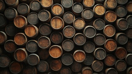 In a dimly lit cellar, wooden barrels are carefully stacked and organized, each displaying unique grains and wear from years of use, ideal for aging beverages