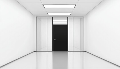 White And Glass Walls Enhance The Minimalist Look Of A Desolate Office Corridor Leading To A Stylish Meeting Room. 3d Rendering. Visual Concept.
