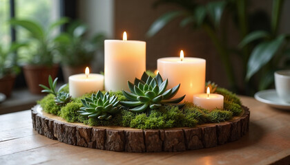 Decorative arrangement of candles and succulents on a wooden tray with moss in a cozy setting