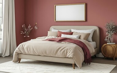 Cozy bedroom with beige bedding, burgundy wall, and wooden accents.