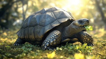 Obraz premium Turtle enjoys fresh lettuce in a lush garden setting