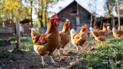 Chickens are foraging freely on a farm, enjoying the soft light of the golden hour. A rustic barn is visible in the background, surrounded by greenery