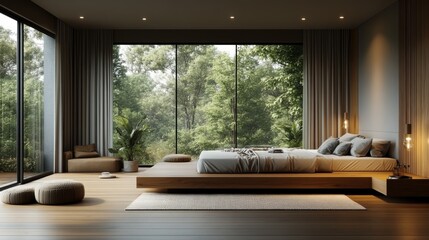 Fototapeta premium Bright and spacious bedroom with modern decor and large windows in a cozy home