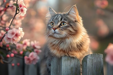 A fluffy tabby cat sits on a wooden fence surrounded by pink blossoms in a warm spring garden.