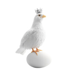 Obraz premium A white bird wearing a crown stands atop a white egg, symbolizing royalty and elegance.