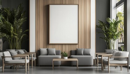 Contemporary Bar Interior Featuring White And Wooden Walls, Bar Stand, Square Wooden Tables, Gray Sofas, And Framed Poster. 3d Render.