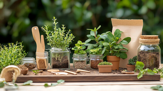 Creating beautiful garden with various plants and gardening tools