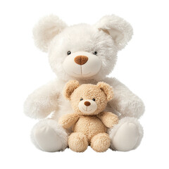 Fototapeta premium A pair of plush teddy bears, one large white bear and one smaller tan bear, together in a seated position, showcasing their soft textures and friendly expressions.