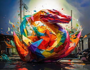 Obraz premium 門松の周りを幾何学的でカラフルな折り紙ヘビが巻きつき、新年の門出を祝う和風のデザイン