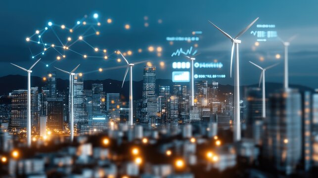 Visual representation of a candlestick chart with wind turbines in the background, illustrating the rising importance of green energy in the market