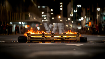 Obraz premium Makeshift barricade with flames igniting wooden pallets and tires during nighttime protest in urban setting