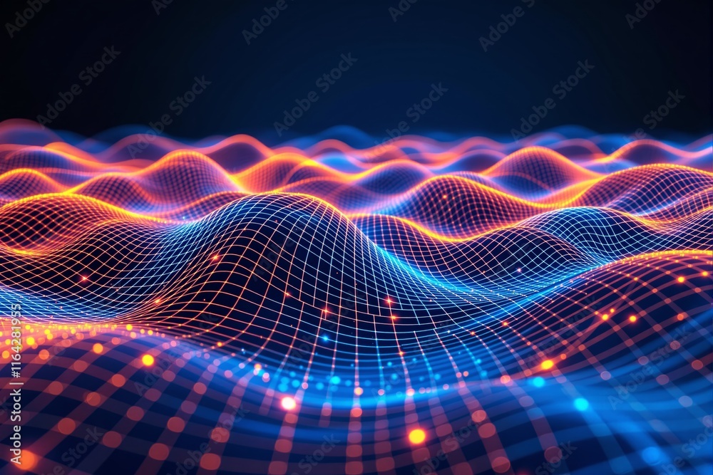Poster abstract glowing grid waves with vibrant lights on a dark background.