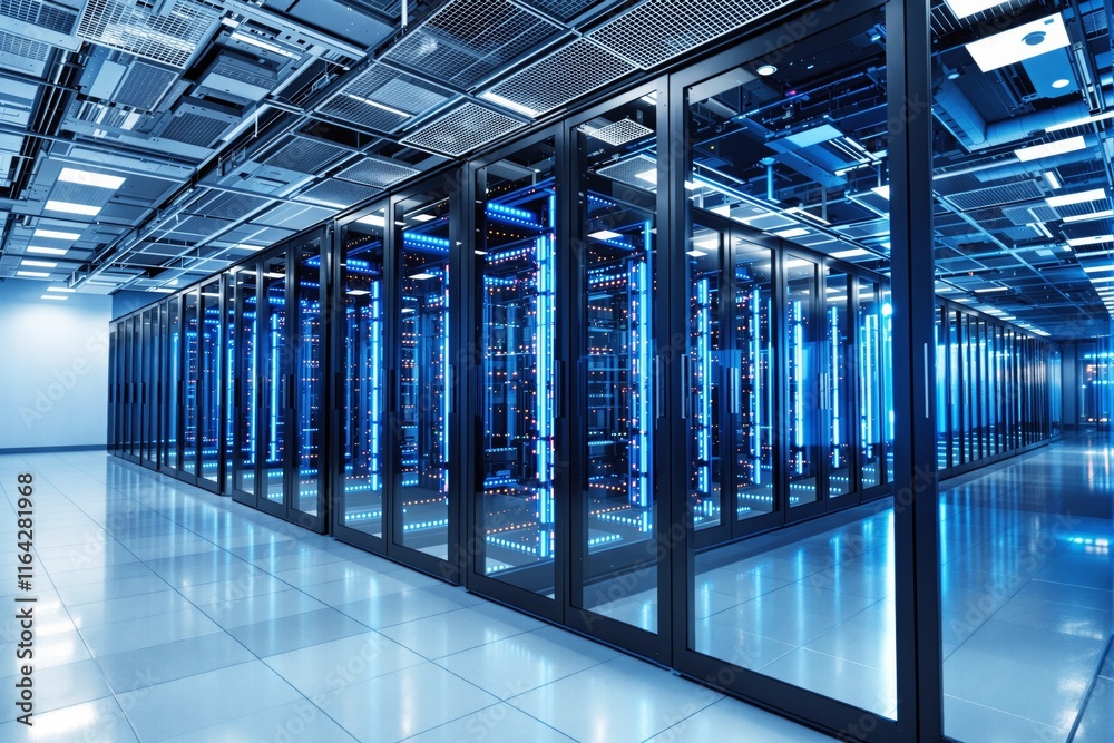 Poster modern data center with blue glowing servers in a futuristic environment.