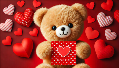 teddy bear holding a love valentine greeting card, with hearts on a red background
