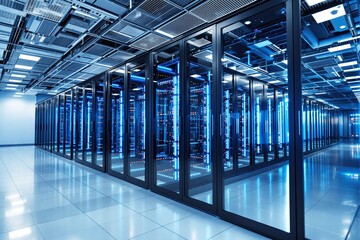 Modern data center with blue glowing servers in a futuristic environment.