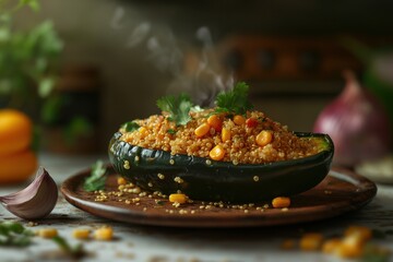 A vibrant vegetarian dish of quinoa served in a roasted acorn squash with herbs and spices.