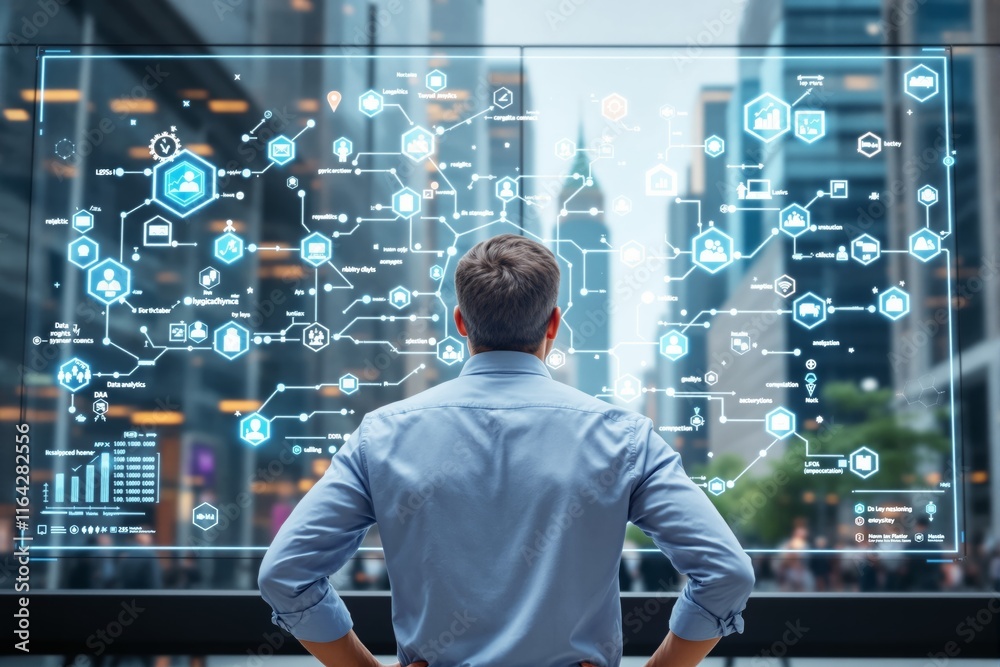 Aufkleber businessman analyzing digital interface with data network on futuristic screen in urban background.