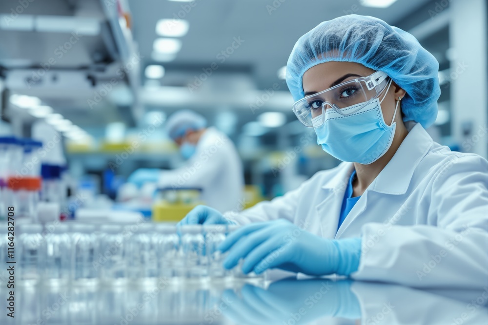 Poster Female scientist in protective gear working in a laboratory with focus on research activity in a professional scientific environment.