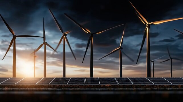 Visual representation of a candlestick chart with wind turbines in the background, illustrating the rising importance of green energy in the market