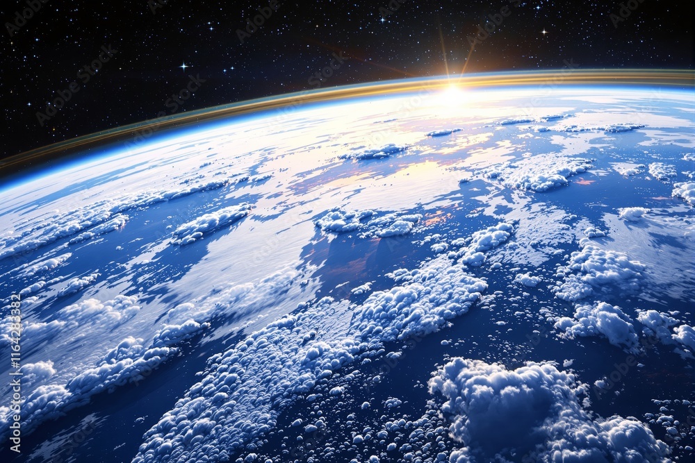 Poster stunning view of earth from space with sunlight emerging over the horizon, casting a warm glow on cl
