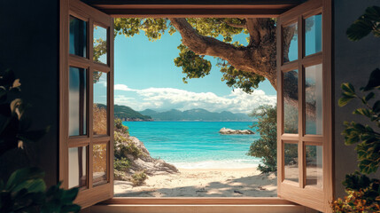 Fototapeta premium Beachfront window view Beach window view ocean view seaside tropical nature landscape scene scenery wallpaper