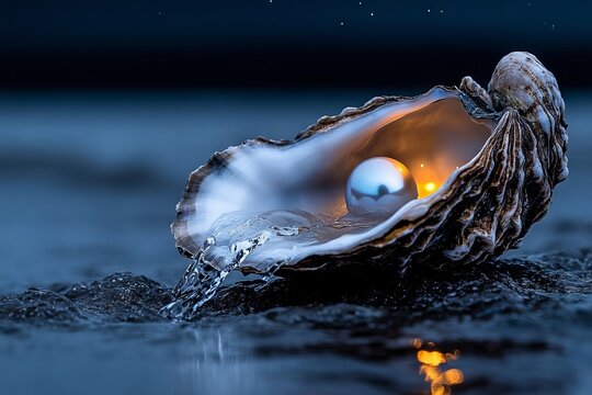 A pearl in an open oyster shell on the beach at night