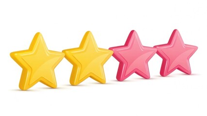 Fototapeta premium Four colorful stars (two yellow, two pink) arranged in a row, symbolizing ratings or achievements.