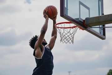 Young man playing basketball, dunking ball