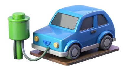 A playful blue toy car is connected to a green charging station, symbolizing electric vehicle charging in a fun and colorful design.