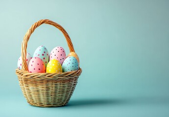 Colorful Easter Eggs in a Woven Basket Against a Soft Pastel Background for Seasonal Celebrations, Spring Festivals, and Festive Decorations