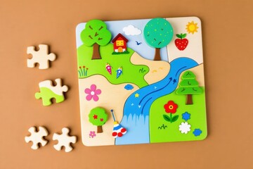 Educational wooden puzzle toys for children on brown background