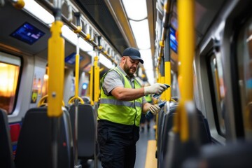 Male transit worker sanitizing subway handles