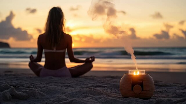A serene scene of a woman meditating on a sandy beach at sunset, with an aromatic diffuser emitting smoke nearby.