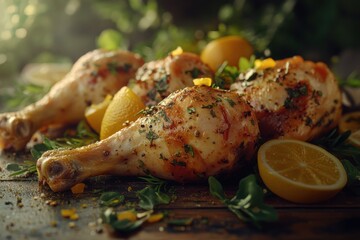 Succulent grilled chicken drumsticks with lemon and herbs, beautifully arranged with fresh greens.